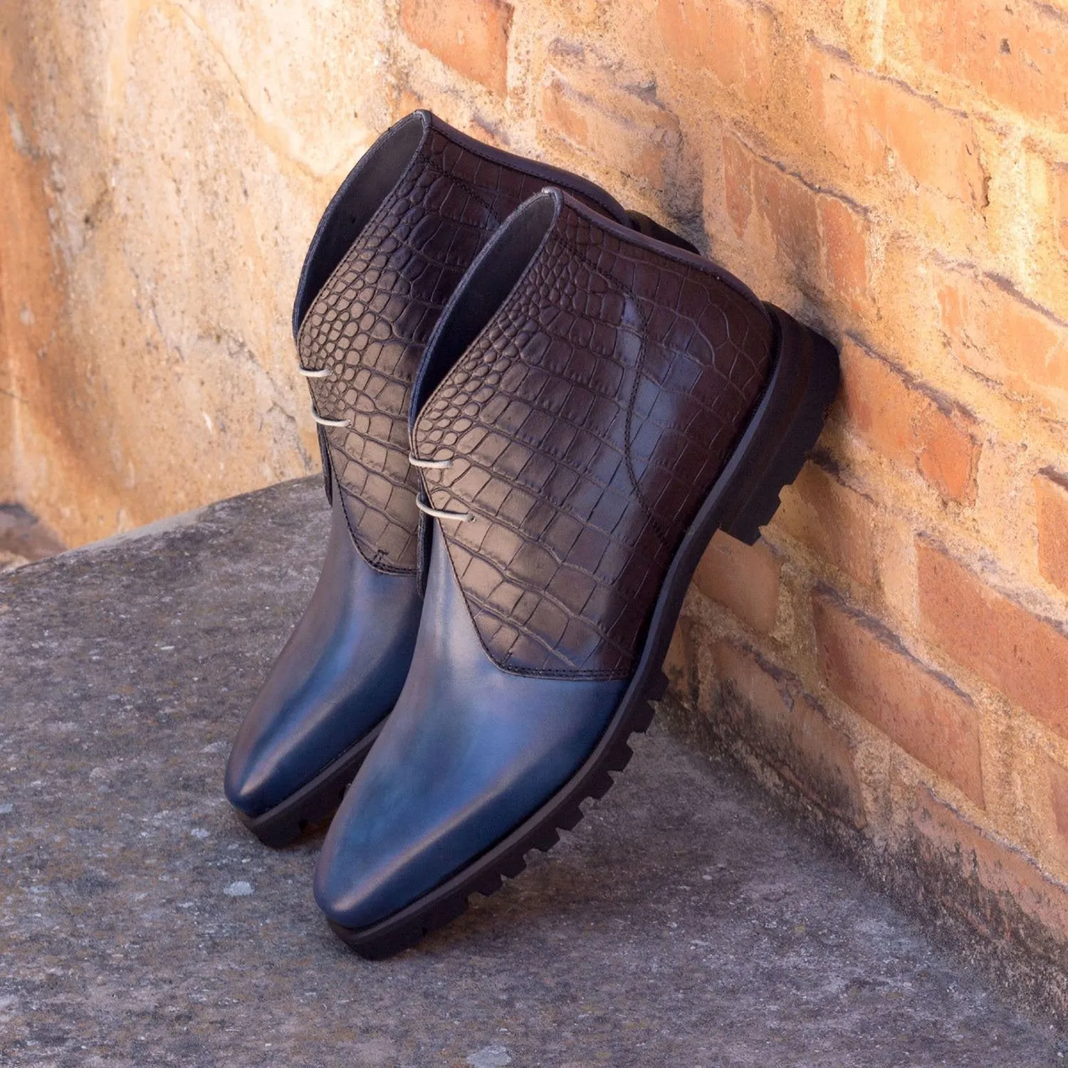 Ambrogio Bespoke Custom Men's Shoes Black & Navy Crocodile Print / Calf-Skin Leather Chukka Boots (AMB1882)