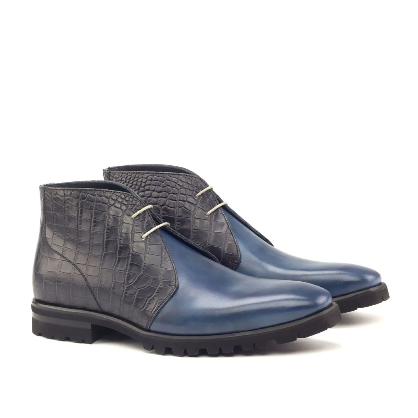 Ambrogio Bespoke Custom Men's Shoes Black & Navy Crocodile Print / Calf-Skin Leather Chukka Boots (AMB1882)