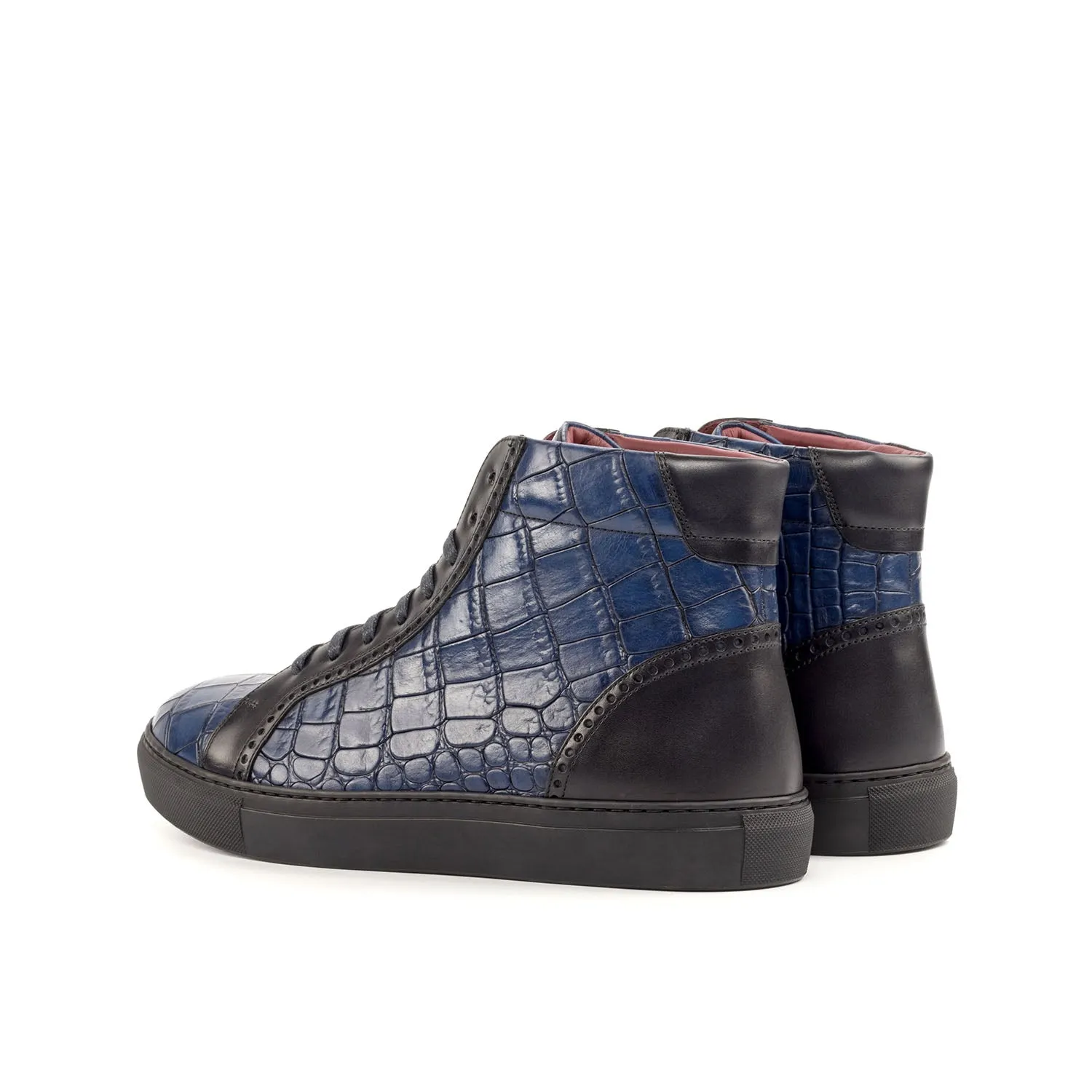 Ambrogio Bespoke Custom Men's Shoes Black & Navy Crocodile Print / Calf-Skin Leather High-Top Sneakers (AMB1961)