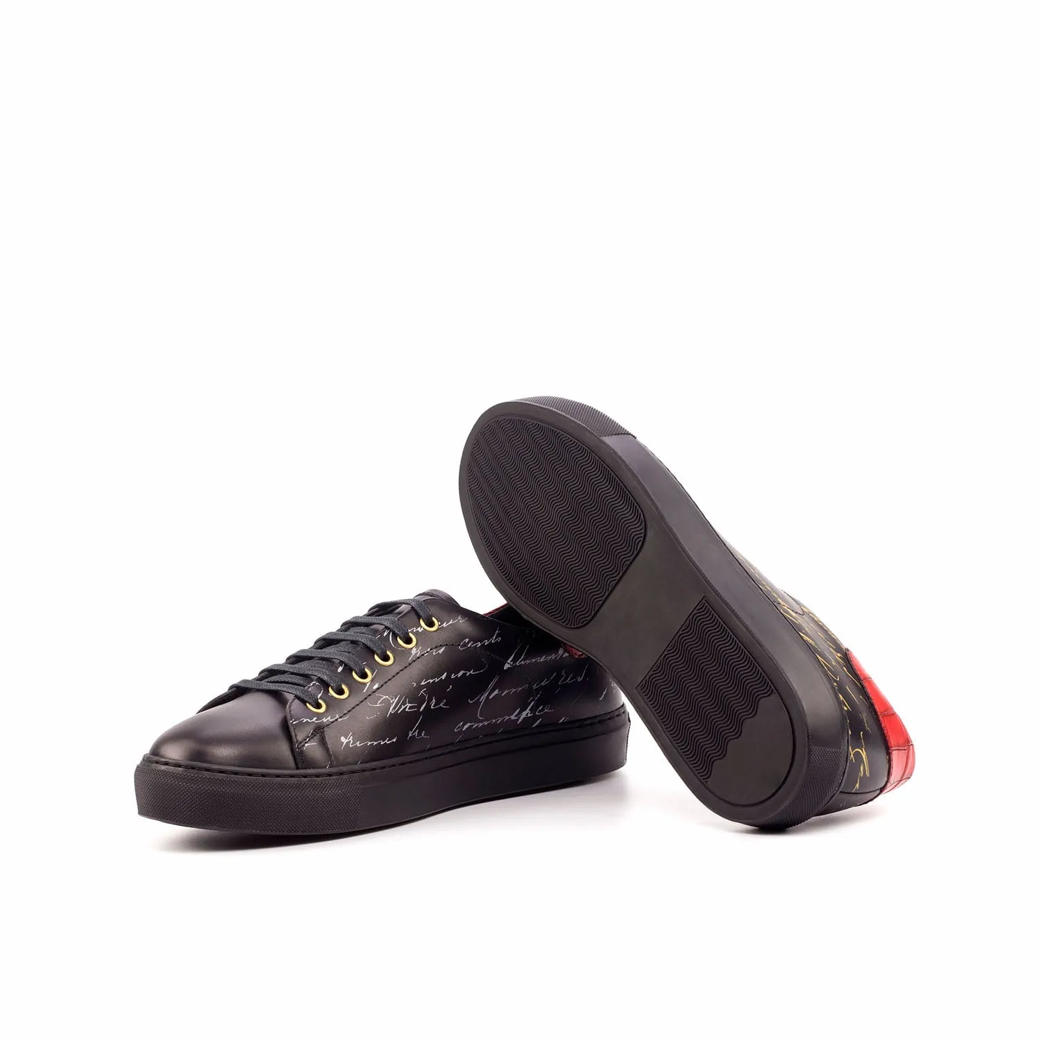 Ambrogio Bespoke Custom Men's Shoes Black & Red Crocodile Print / Calf-Skin Leather Stencil Trainer Sneakers (AMB1865)