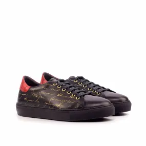 Ambrogio Bespoke Custom Men's Shoes Black & Red Crocodile Print / Calf-Skin Leather Stencil Trainer Sneakers (AMB1865)