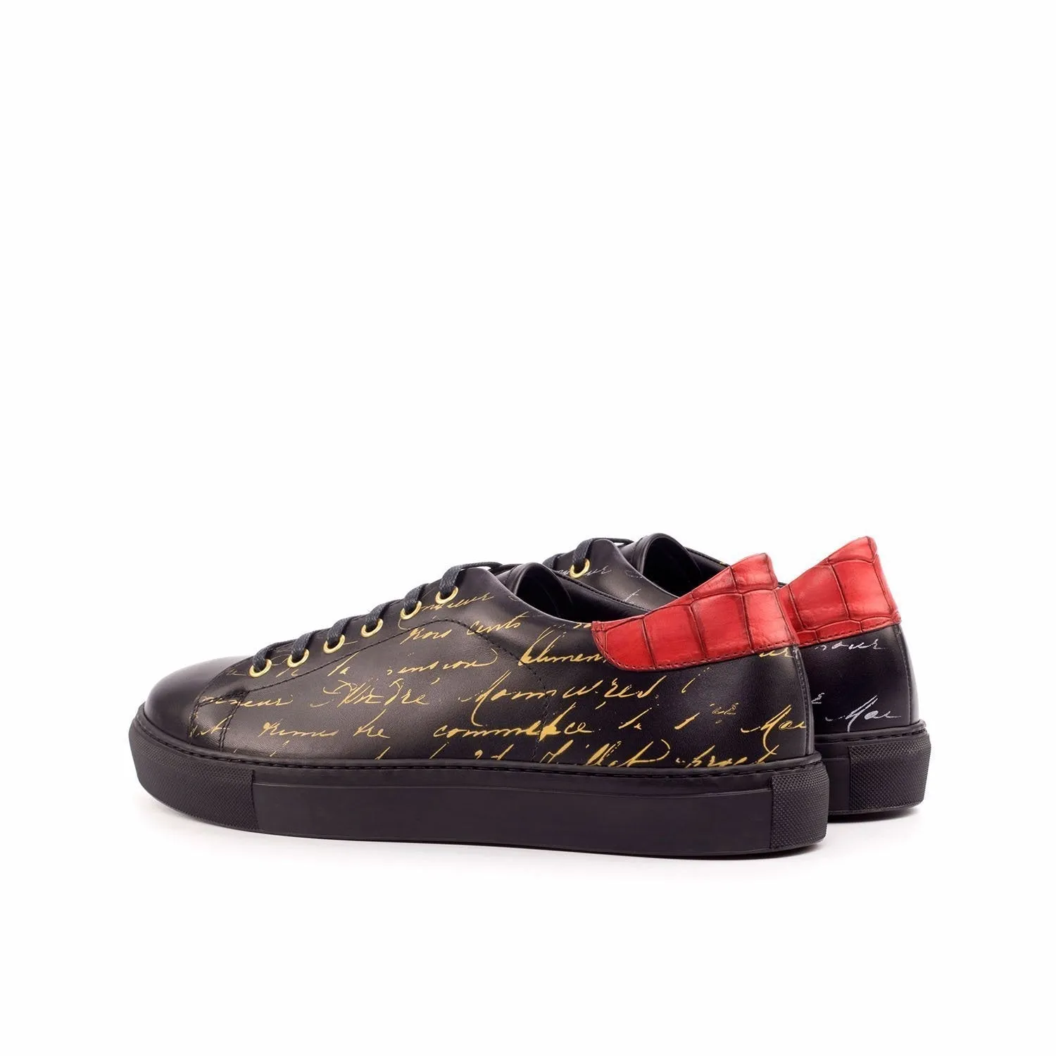 Ambrogio Bespoke Custom Men's Shoes Black & Red Crocodile Print / Calf-Skin Leather Stencil Trainer Sneakers (AMB1865)