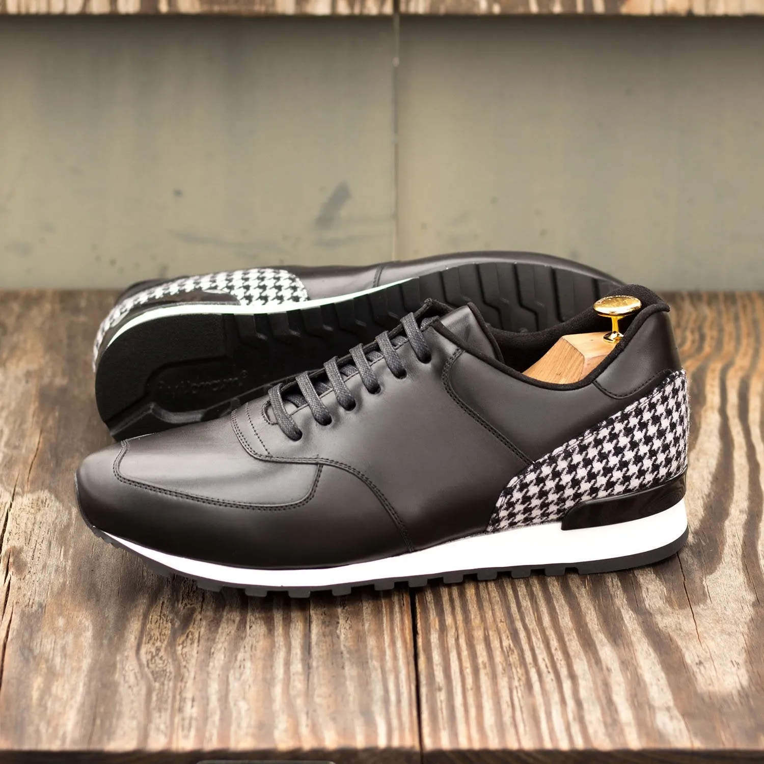 Ambrogio Bespoke Custom Men's Shoes Black & White Fabric / Calf-Skin Leather Sneakers (AMB1910)