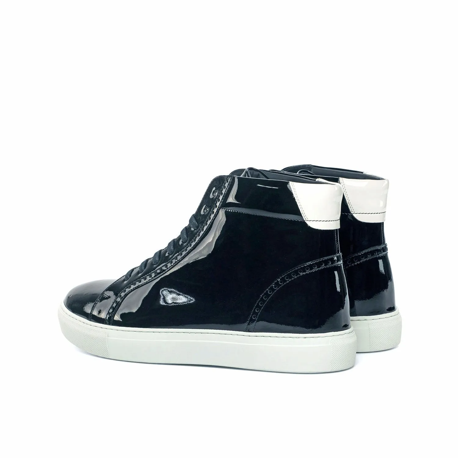 Ambrogio Bespoke Custom Men's Shoes Black & White Patent Leather High-Top Sneakers (AMB1943)