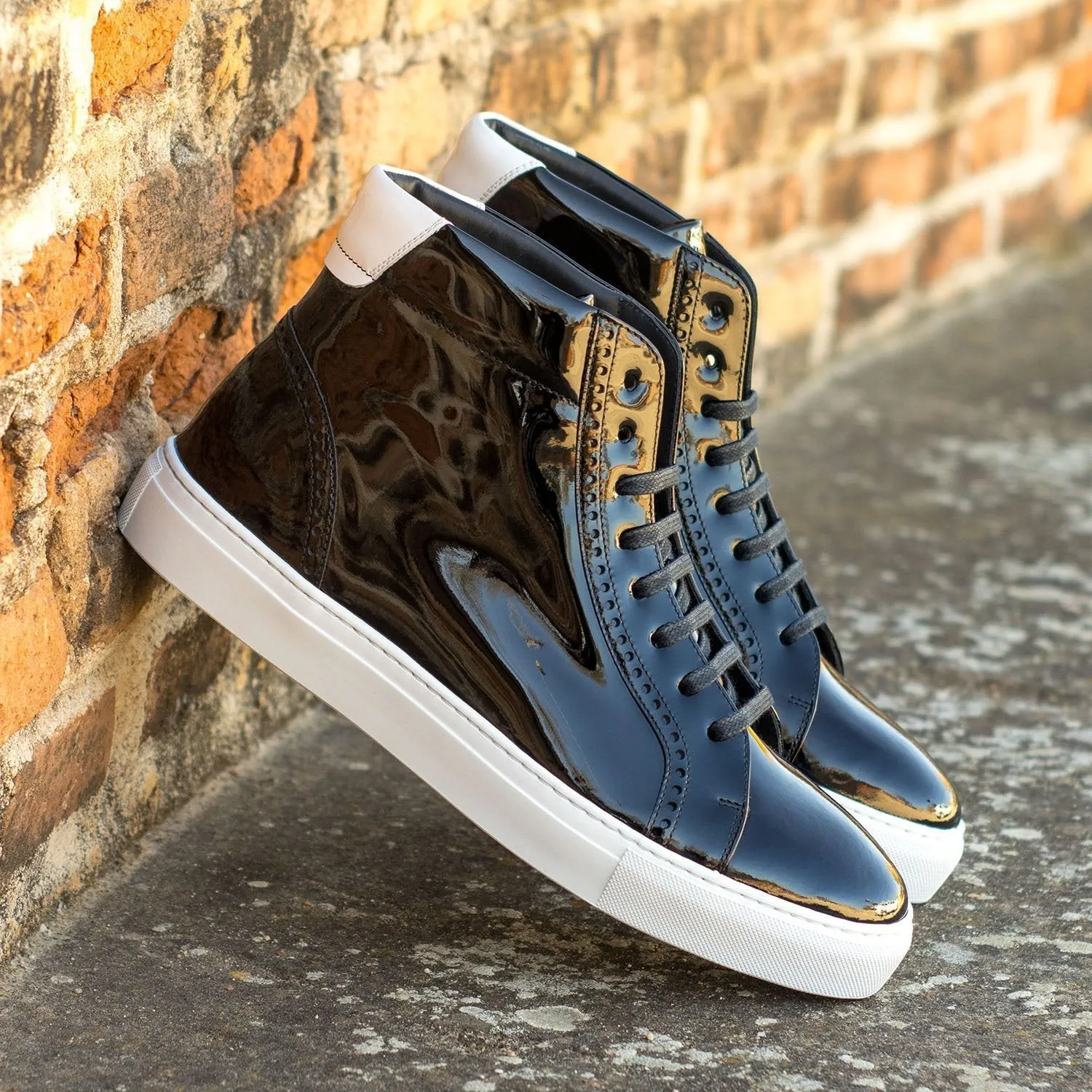 Ambrogio Bespoke Custom Men's Shoes Black & White Patent Leather High-Top Sneakers (AMB1943)