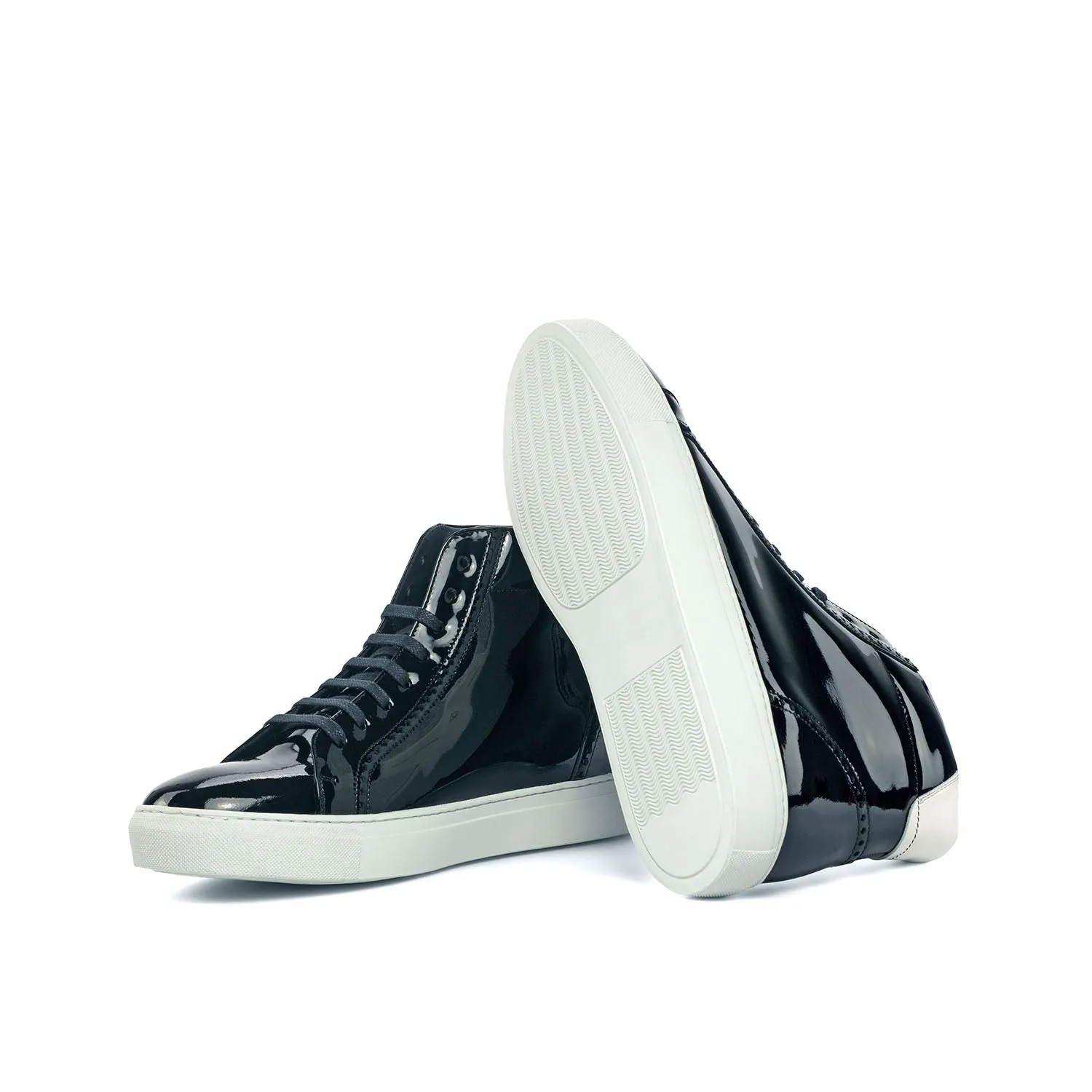 Ambrogio Bespoke Custom Men's Shoes Black & White Patent Leather High-Top Sneakers (AMB1943)