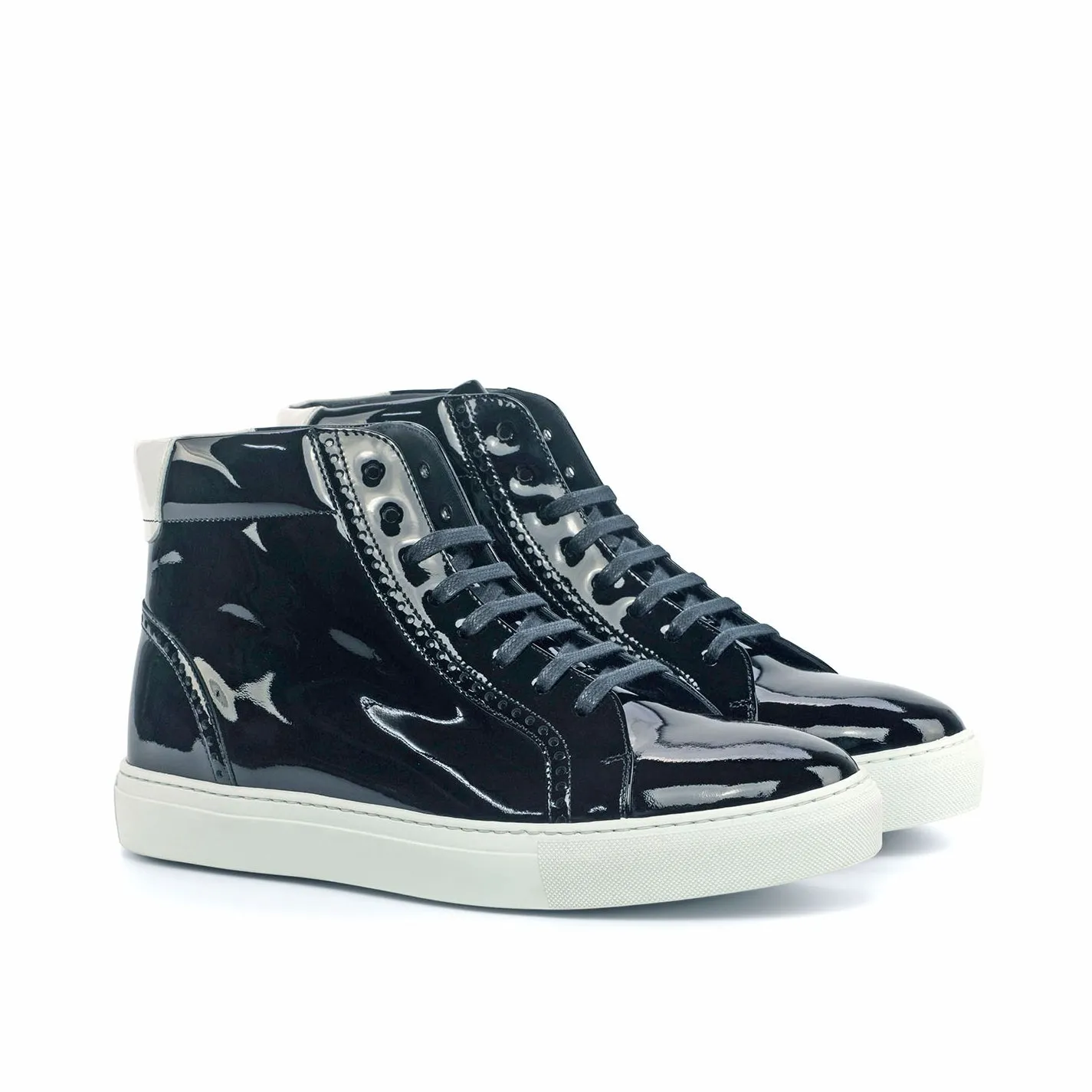 Ambrogio Bespoke Custom Men's Shoes Black & White Patent Leather High-Top Sneakers (AMB1943)