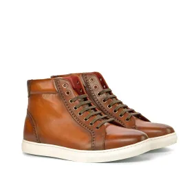 Ambrogio Bespoke Custom Men's Shoes Brown & Burgundy Calf-Skin Leather High-Top Sneakers (AMB1861)