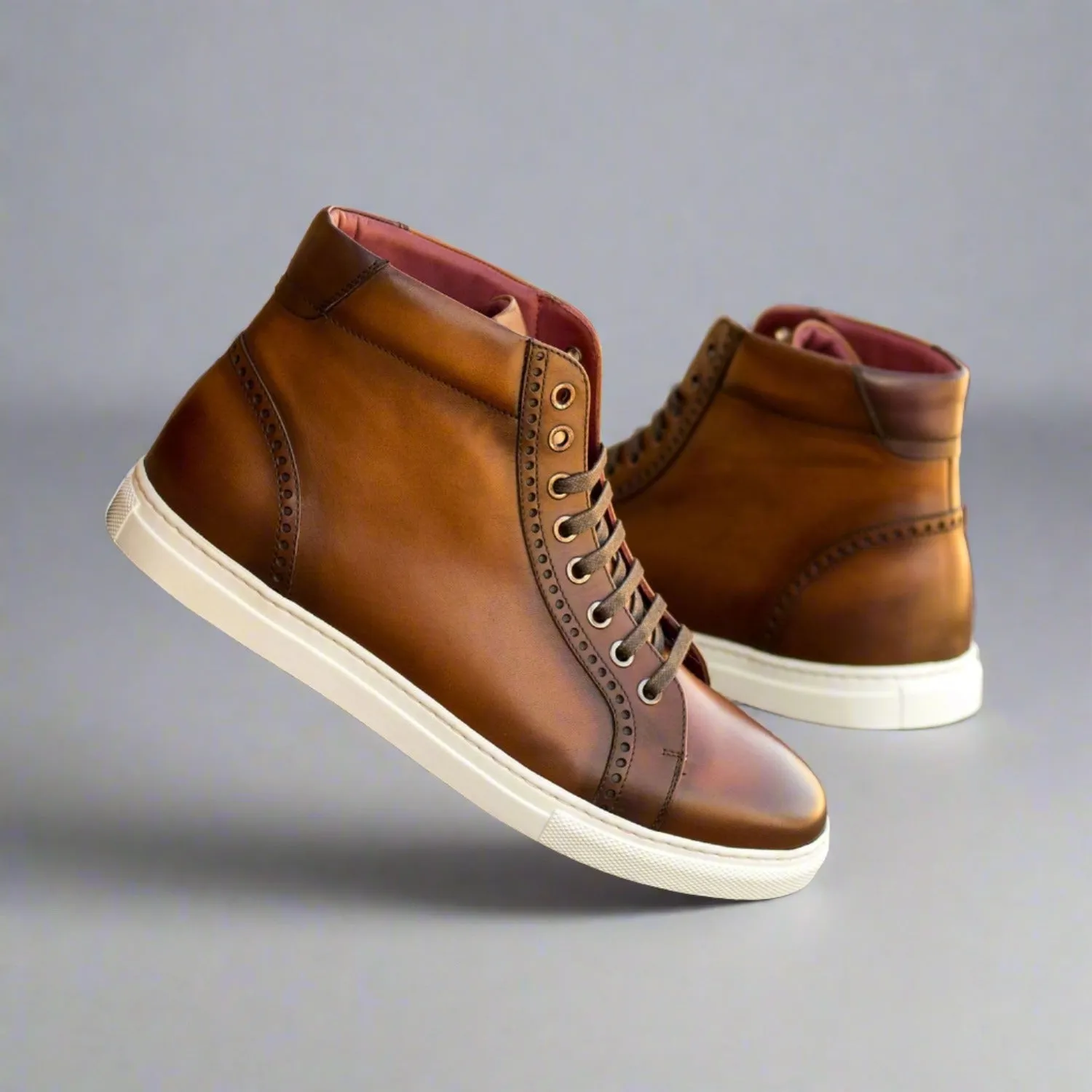 Ambrogio Bespoke Custom Men's Shoes Brown & Burgundy Calf-Skin Leather High-Top Sneakers (AMB1861)