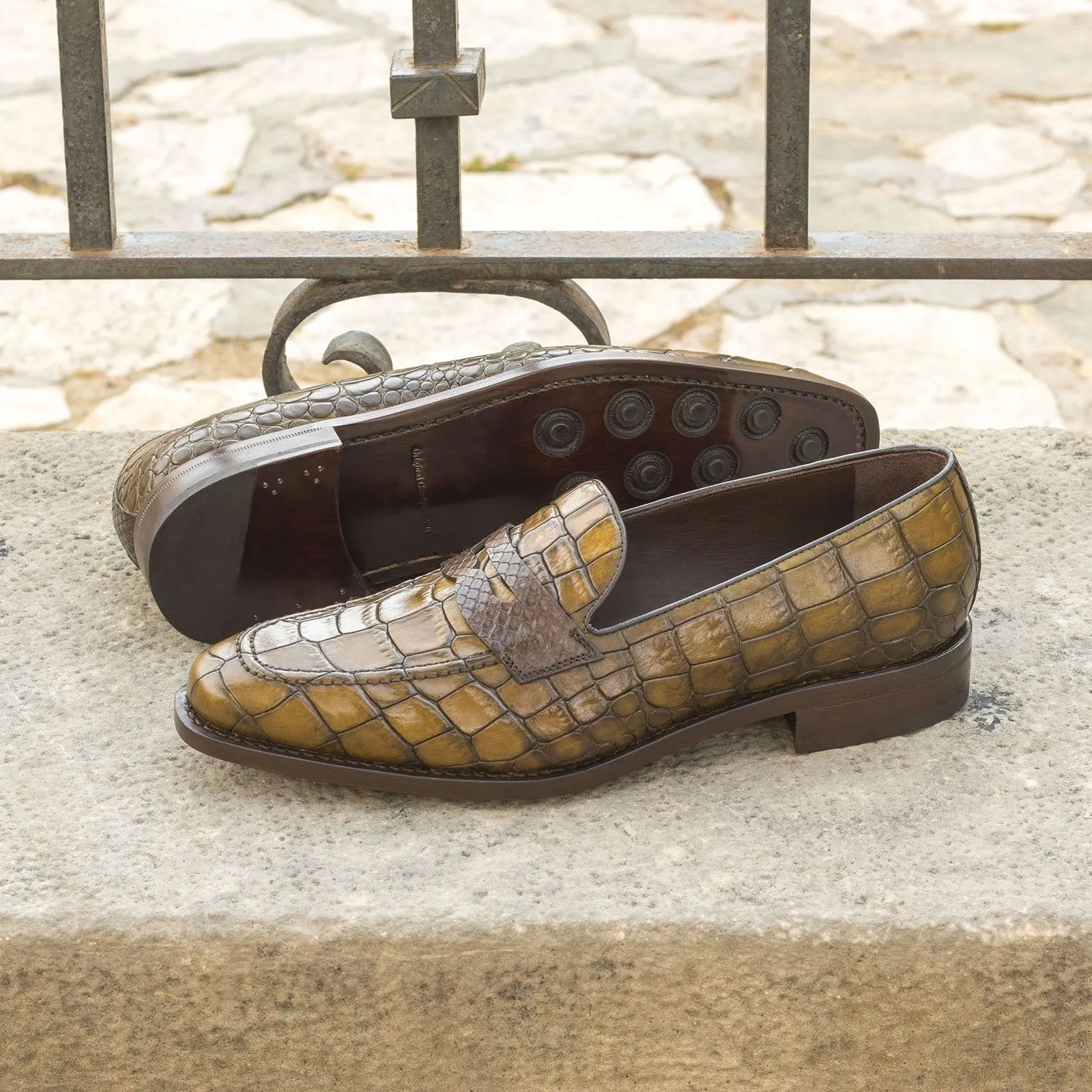 Ambrogio Bespoke Custom Men's Shoes Brown & Olive Python / Crocodile Print / Calf-Skin Leather Loafers (AMB2210)