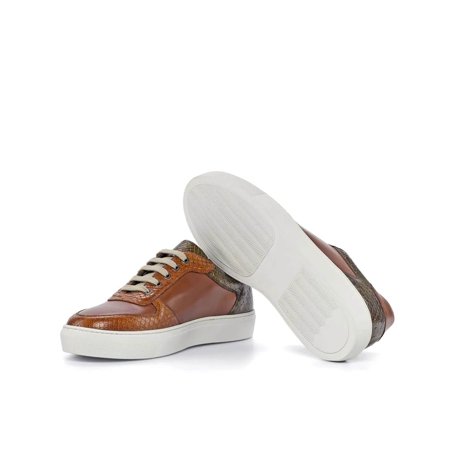 Ambrogio Bespoke Custom Men's Shoes Brown, Cognac & Olive Exotic Snake-Skin / Calf-Skin Leather Casual Trainer Sneakers (AMB1873)