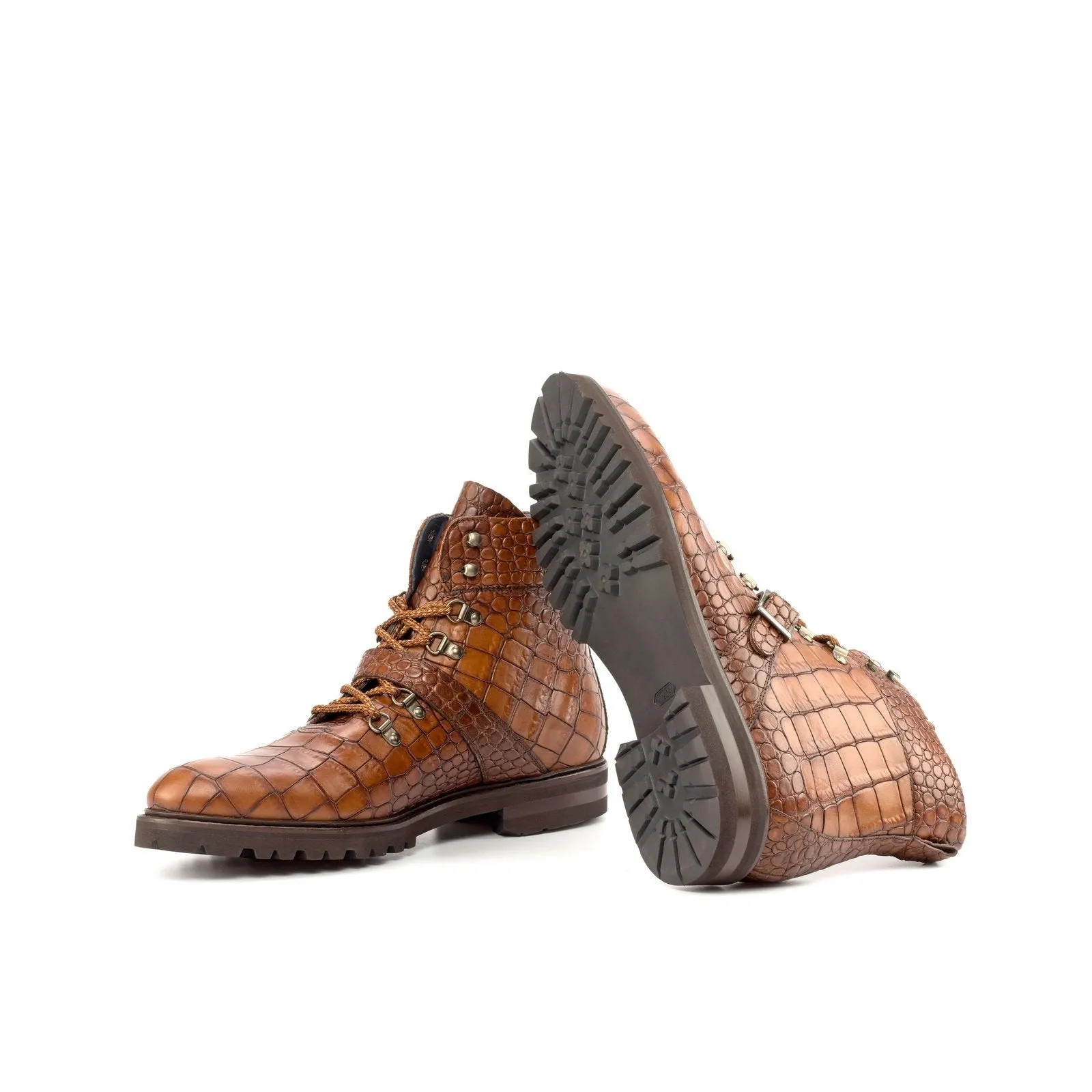 Ambrogio Bespoke Custom Men's Shoes Brown Crocodile Print Leather Hiking Boots (AMB2178)