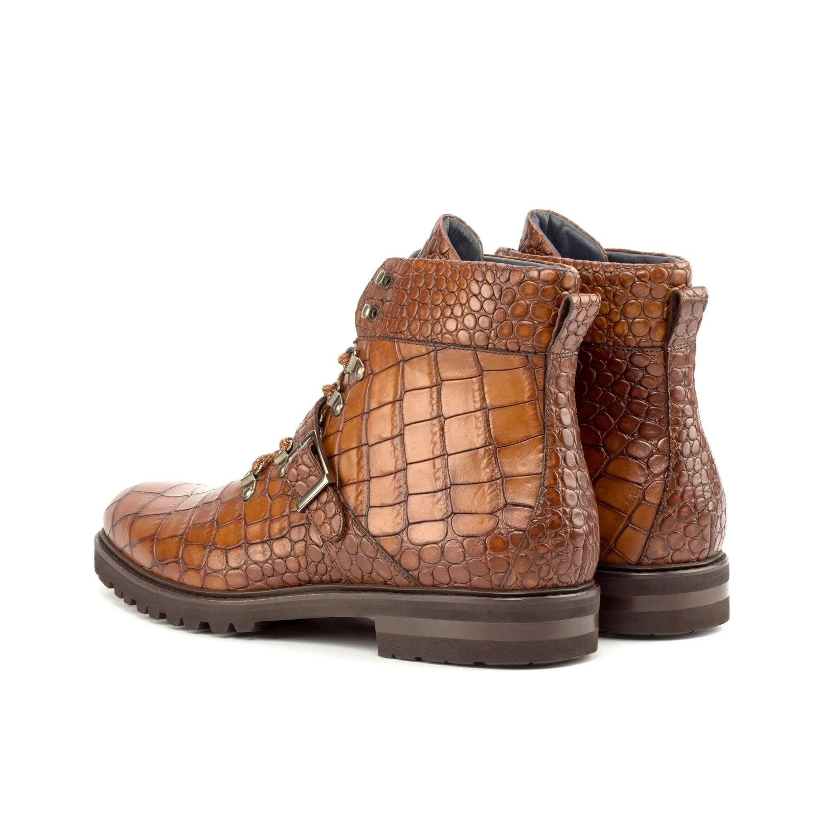 Ambrogio Bespoke Custom Men's Shoes Brown Crocodile Print Leather Hiking Boots (AMB2178)