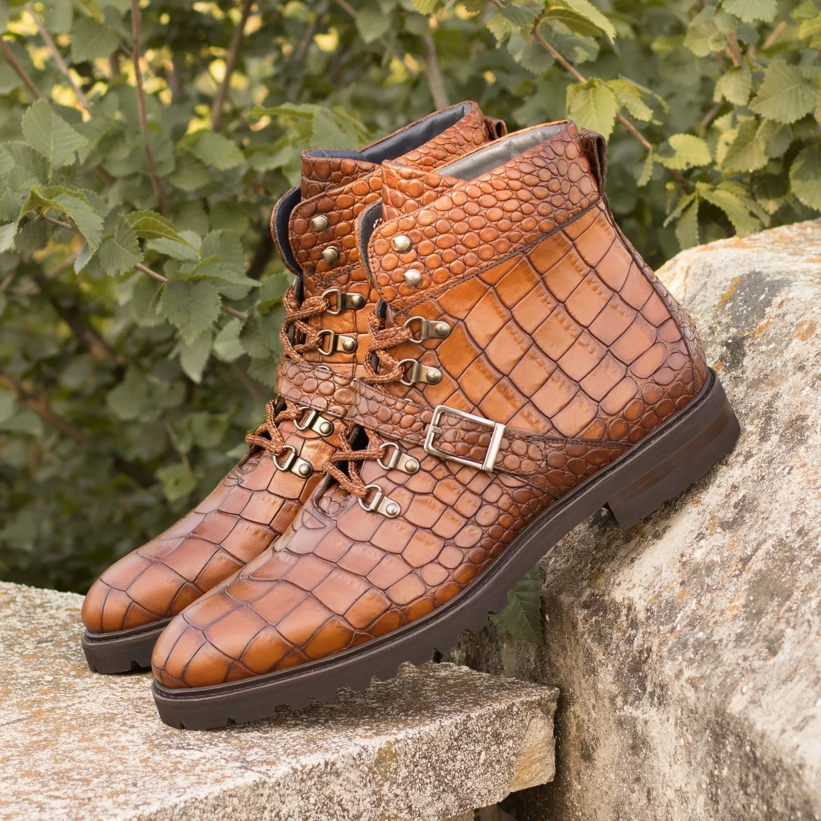 Ambrogio Bespoke Custom Men's Shoes Brown Crocodile Print Leather Hiking Boots (AMB2178)