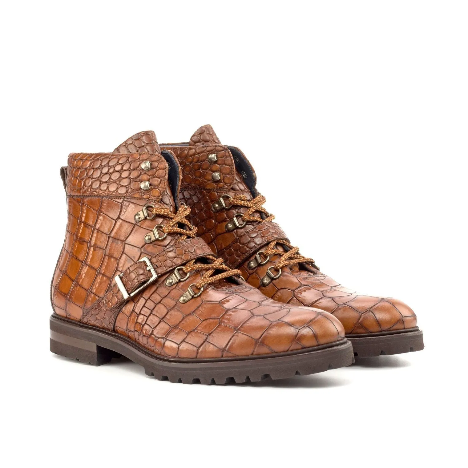 Ambrogio Bespoke Custom Men's Shoes Brown Crocodile Print Leather Hiking Boots (AMB2178)