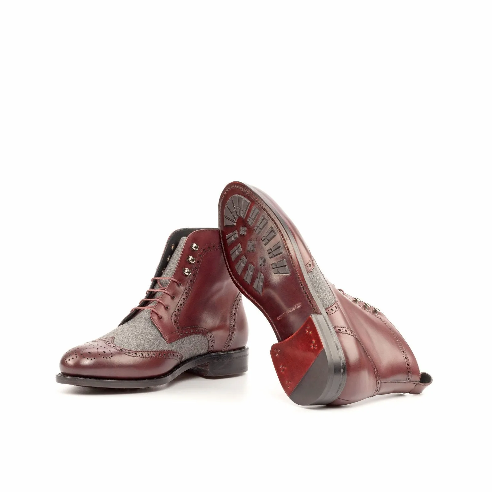 Ambrogio Bespoke Custom Men's Shoes Burgundy & Gray Flannel / Calf-Skin Leather Military Boots (AMB2183)