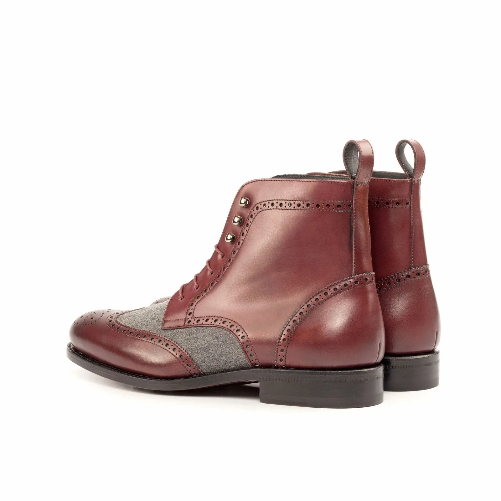 Ambrogio Bespoke Custom Men's Shoes Burgundy & Gray Flannel / Calf-Skin Leather Military Boots (AMB2183)