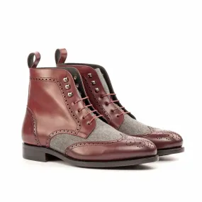 Ambrogio Bespoke Custom Men's Shoes Burgundy & Gray Flannel / Calf-Skin Leather Military Boots (AMB2183)