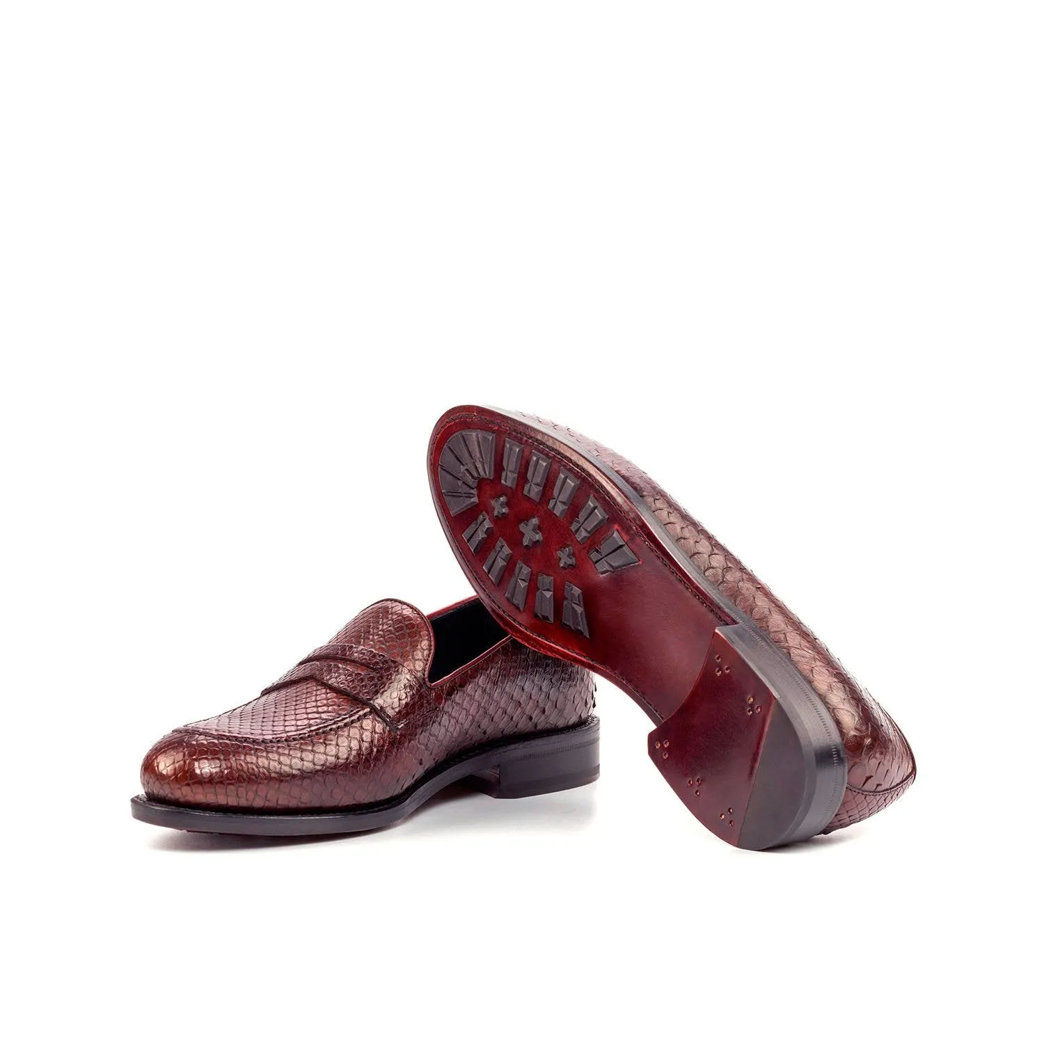 Ambrogio Bespoke Custom Men's Shoes Burgundy Exotic Snake-Skin / Calf-Skin Leather Loafers (AMB1909)