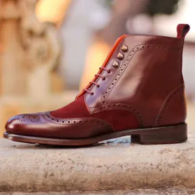 Ambrogio Bespoke Custom Men's Shoes Burgundy Suede / Polished Calf-Skin Leather Military Boots (AMB1881)