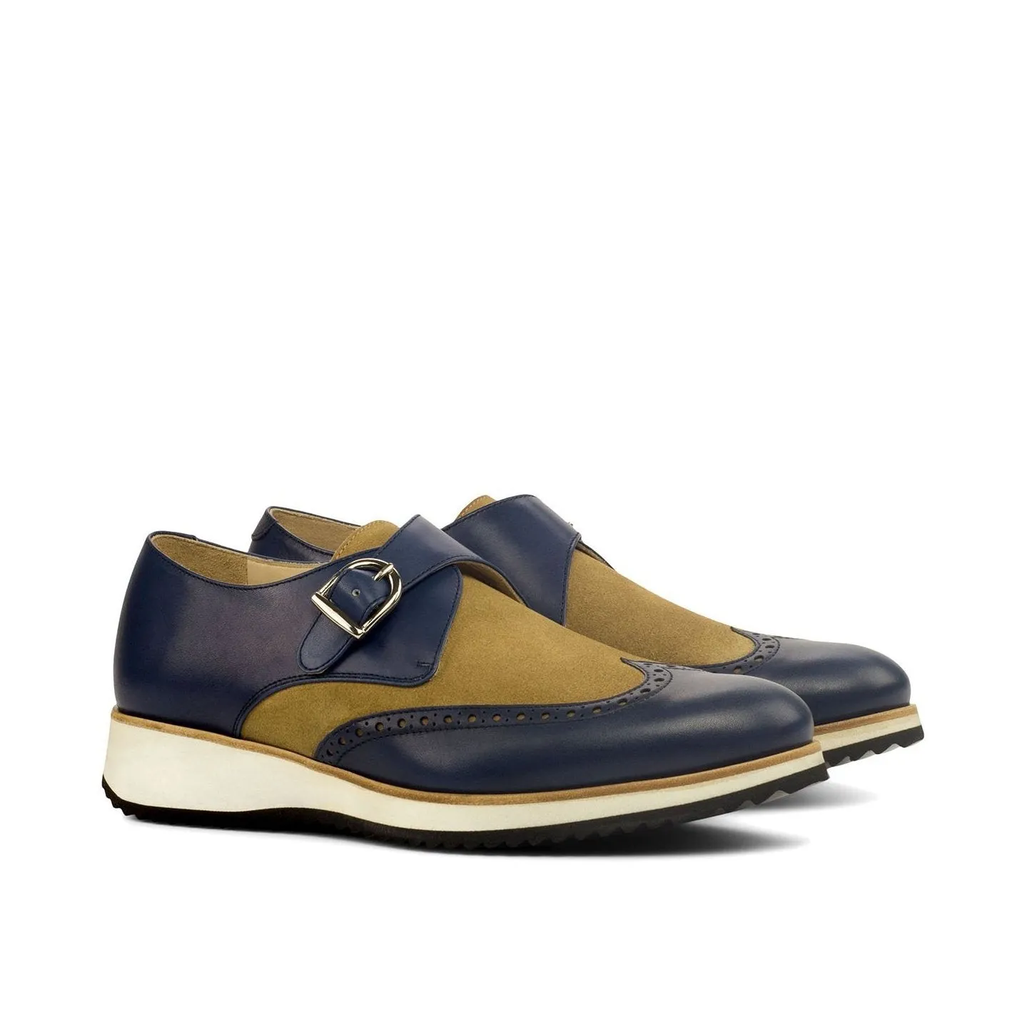 Ambrogio Bespoke Custom Men's Shoes Camel & Navy Suede / Calf-Skin Leather Monk-Strap Loafers (AMB2162)