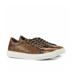 Ambrogio Bespoke Custom Men's Shoes Cognac & Brown Patina Leather Casual Trainer Sneakers (AMB1984)