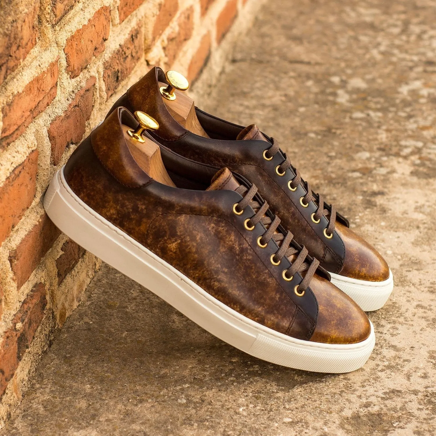 Ambrogio Bespoke Custom Men's Shoes Cognac & Brown Patina Leather Casual Trainer Sneakers (AMB1984)