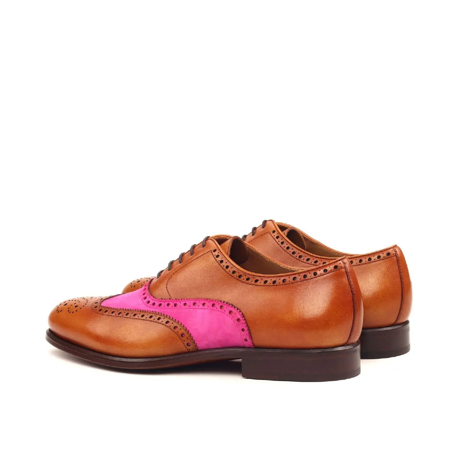 Ambrogio Bespoke Custom Men's Shoes Cognac & Fuschia Suede / Calf-Skin Leather Full Brogue Oxfords (AMB2152)