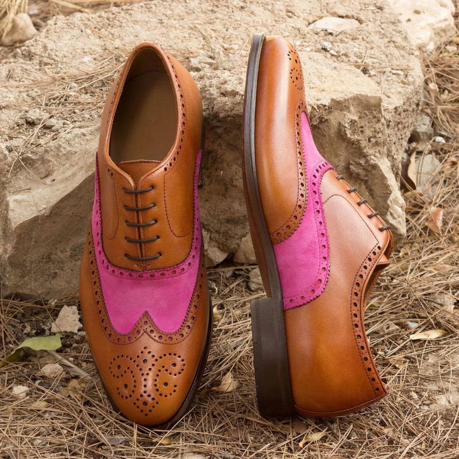 Ambrogio Bespoke Custom Men's Shoes Cognac & Fuschia Suede / Calf-Skin Leather Full Brogue Oxfords (AMB2152)