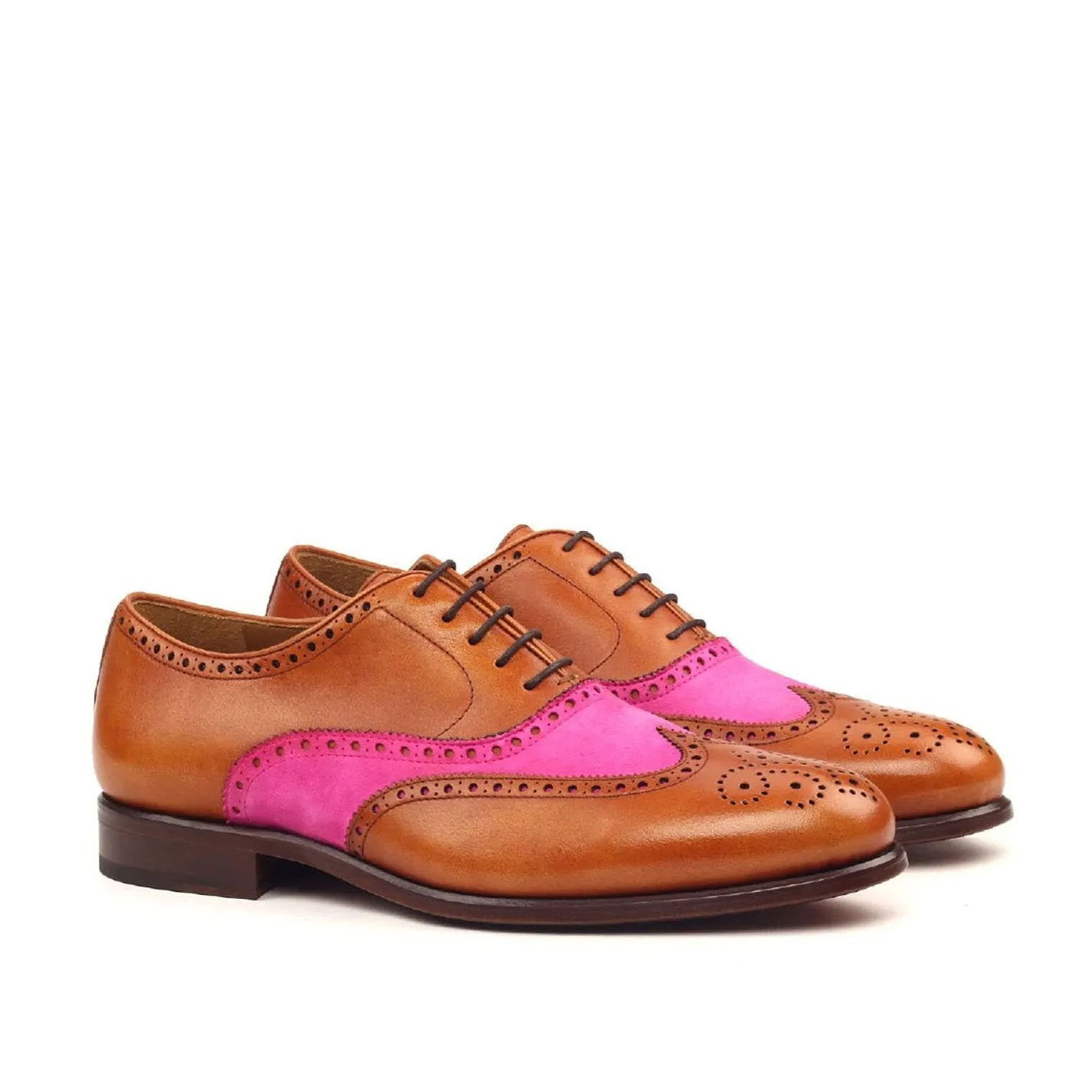 Ambrogio Bespoke Custom Men's Shoes Cognac & Fuschia Suede / Calf-Skin Leather Full Brogue Oxfords (AMB2152)