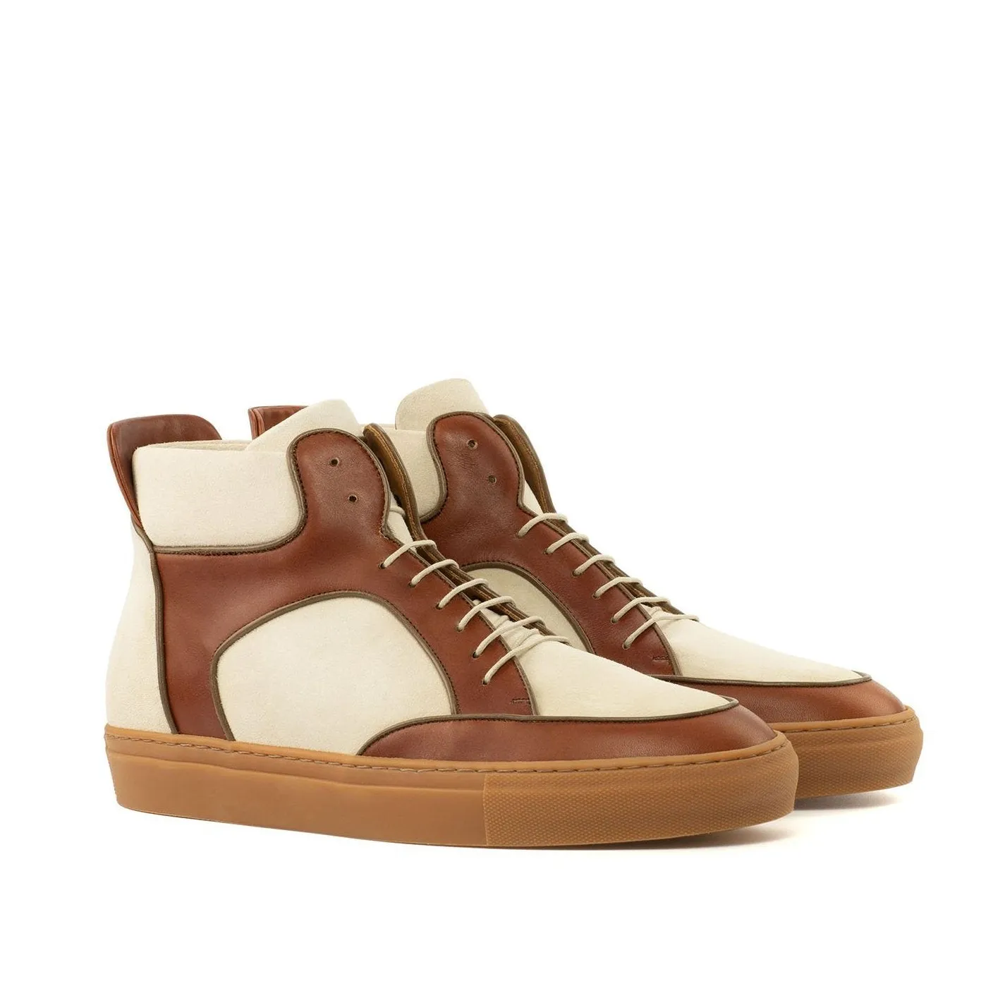 Ambrogio Bespoke Custom Men's Shoes Cognac & Ivory Suede / Calf-Skin Leather High-Top Sneakers (AMB2143)