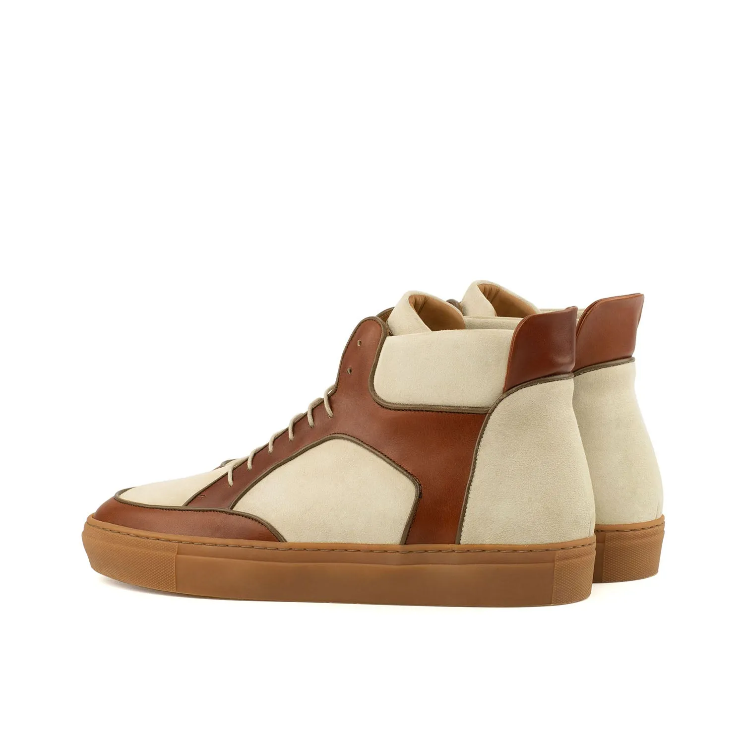 Ambrogio Bespoke Custom Men's Shoes Cognac & Ivory Suede / Calf-Skin Leather High-Top Sneakers (AMB2143)