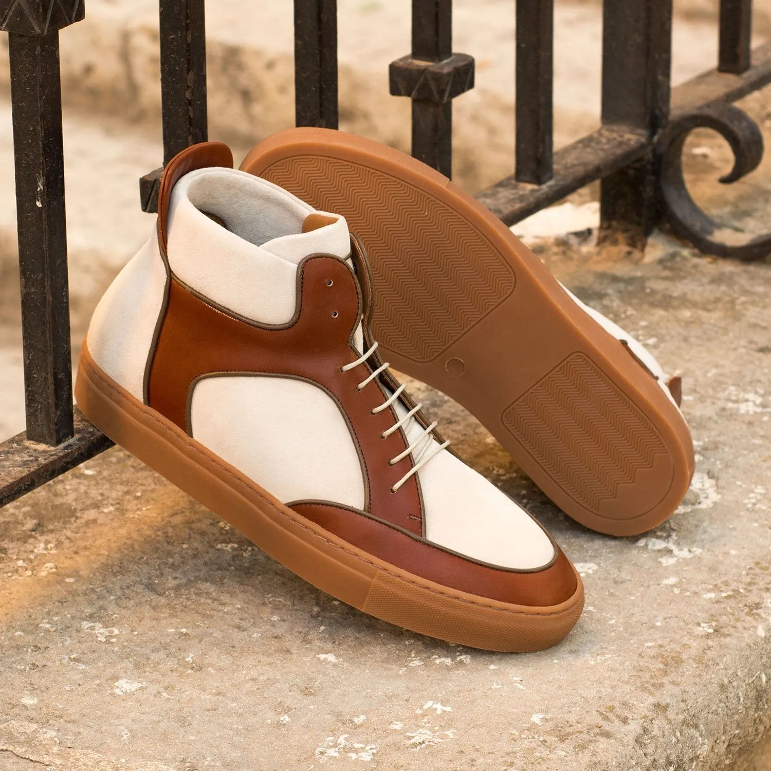 Ambrogio Bespoke Custom Men's Shoes Cognac & Ivory Suede / Calf-Skin Leather High-Top Sneakers (AMB2143)