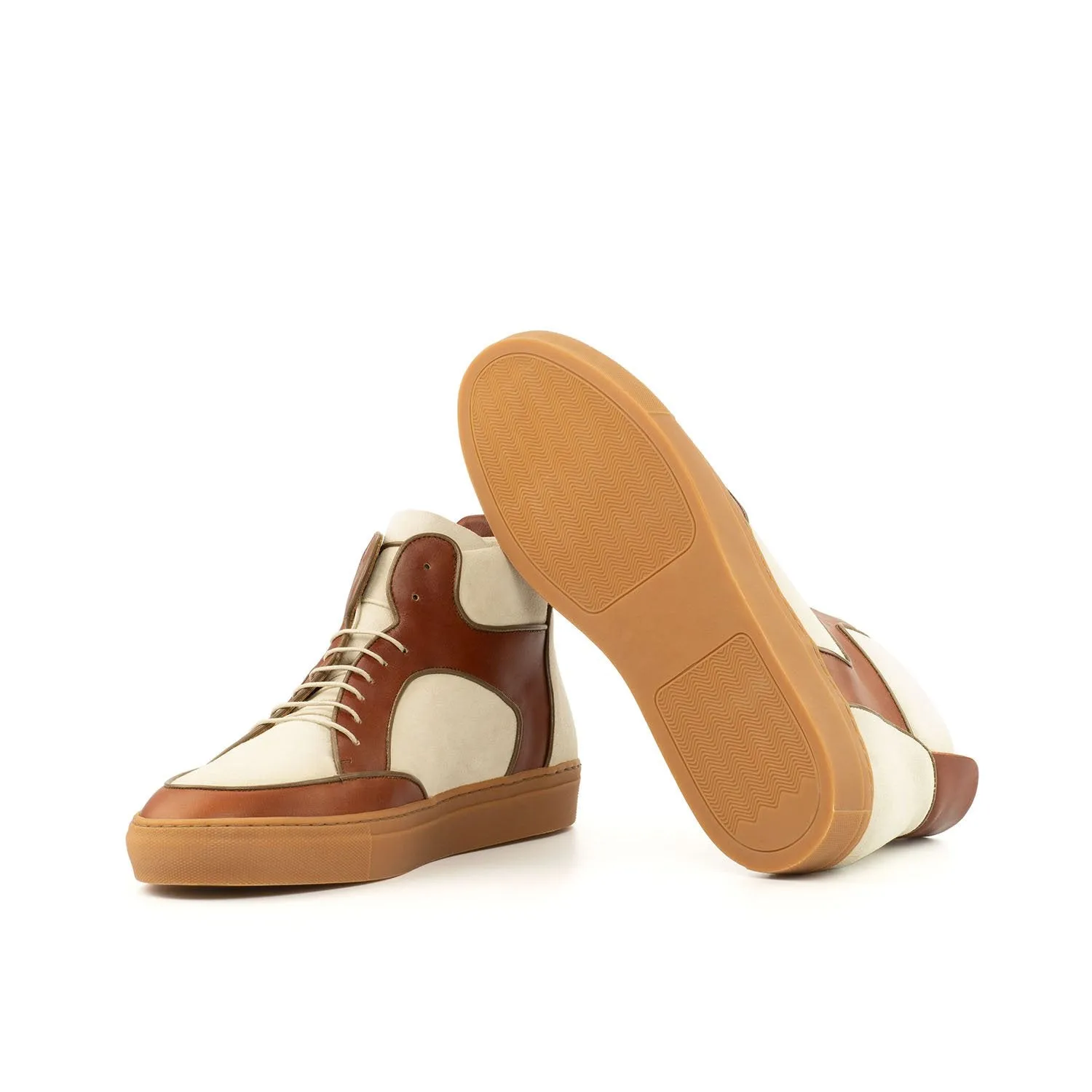 Ambrogio Bespoke Custom Men's Shoes Cognac & Ivory Suede / Calf-Skin Leather High-Top Sneakers (AMB2143)