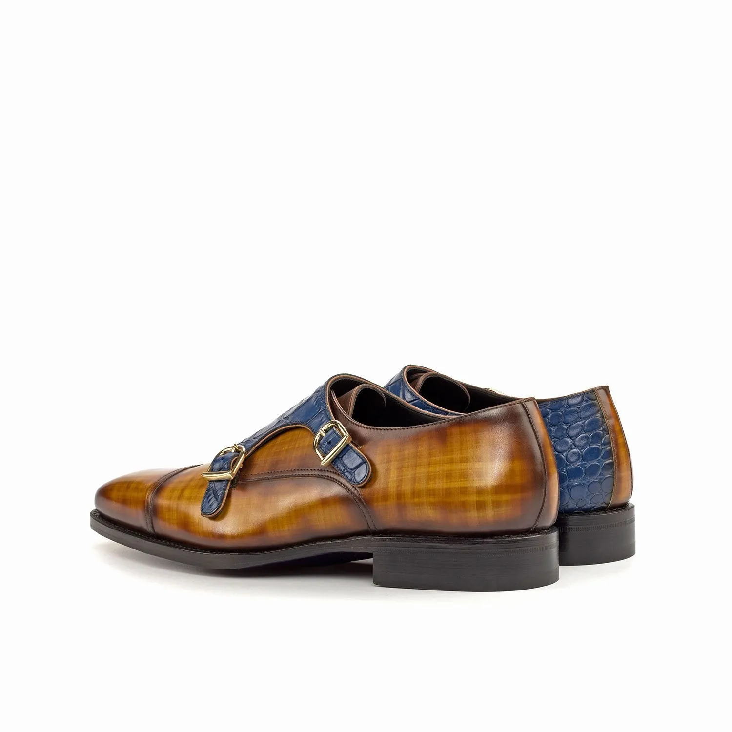 Ambrogio Bespoke Custom Men's Shoes Cognac & Navy Crocodile Print / Patina Leather Monk-Straps Loafers (AMB1912)