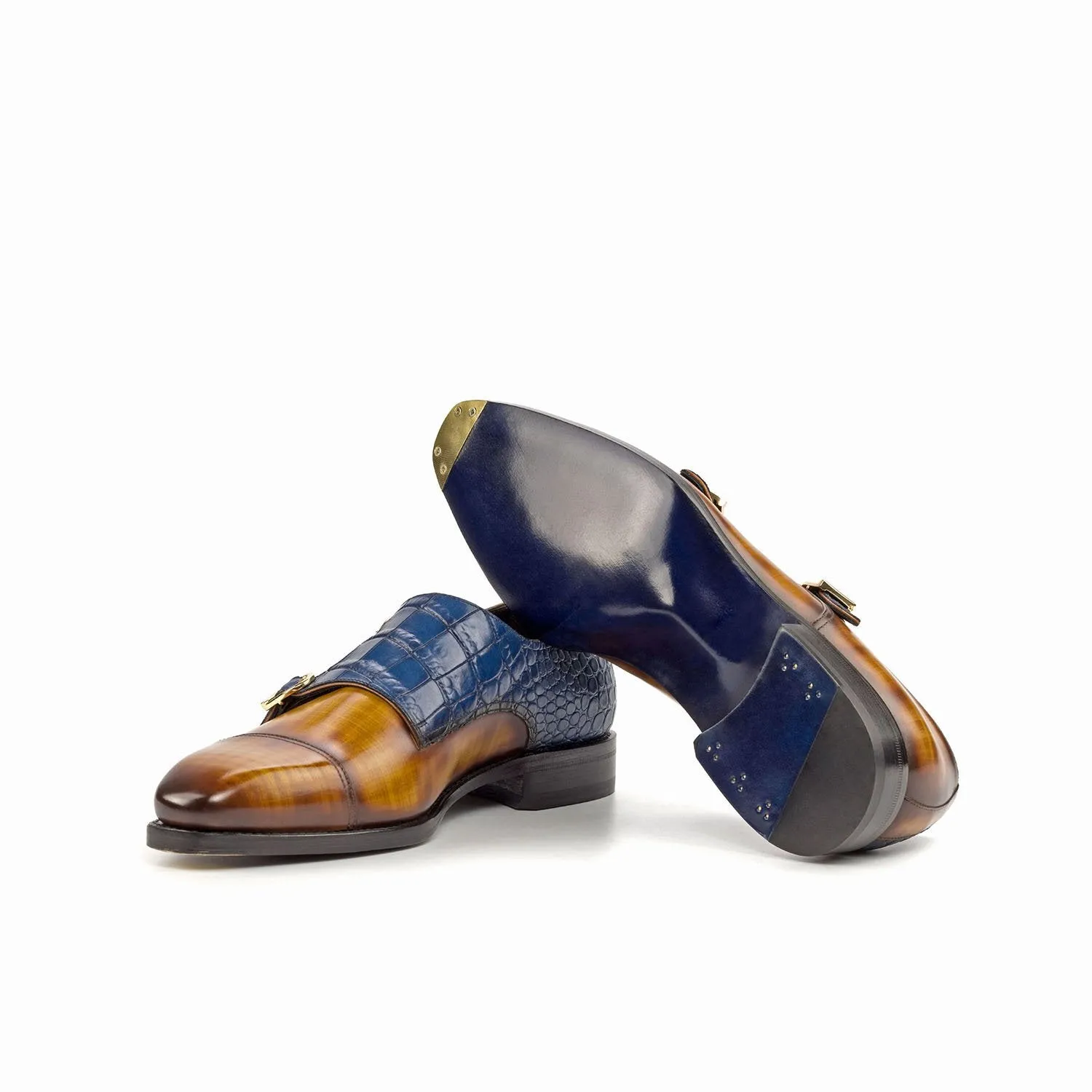 Ambrogio Bespoke Custom Men's Shoes Cognac & Navy Crocodile Print / Patina Leather Monk-Straps Loafers (AMB1912)