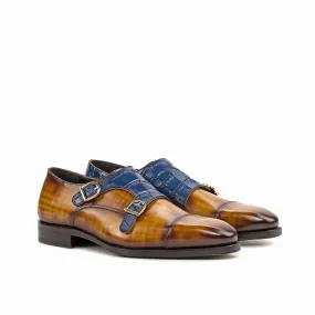 Ambrogio Bespoke Custom Men's Shoes Cognac & Navy Crocodile Print / Patina Leather Monk-Straps Loafers (AMB1912)