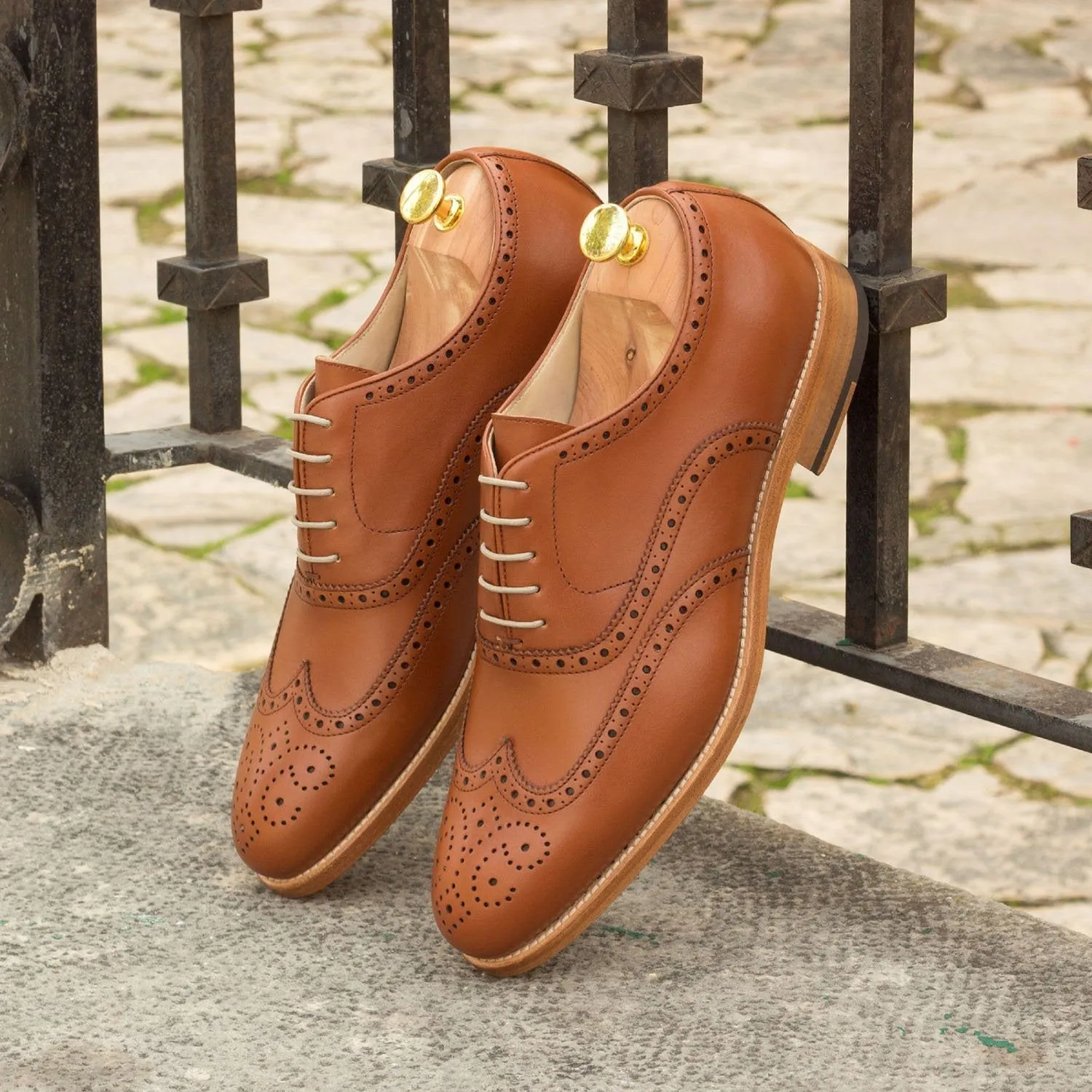 Ambrogio Bespoke Custom Men's Shoes Cognac Calf-Skin Leather Full Brogue Oxfords (AMB2149)