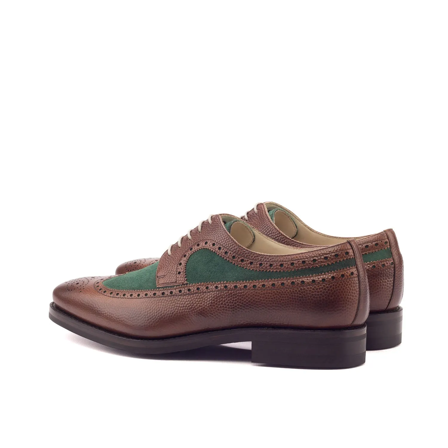 Ambrogio Bespoke Custom Men's Shoes Green & Brown Suede / Pebble Grain Leather Longwing Blucher Oxfords (AMB2166)