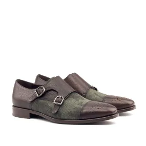 Ambrogio Bespoke Custom Men's Shoes Green & Dark Brown Fabric / Full Grain Leather Monk-Straps Loafers (AMB1946)