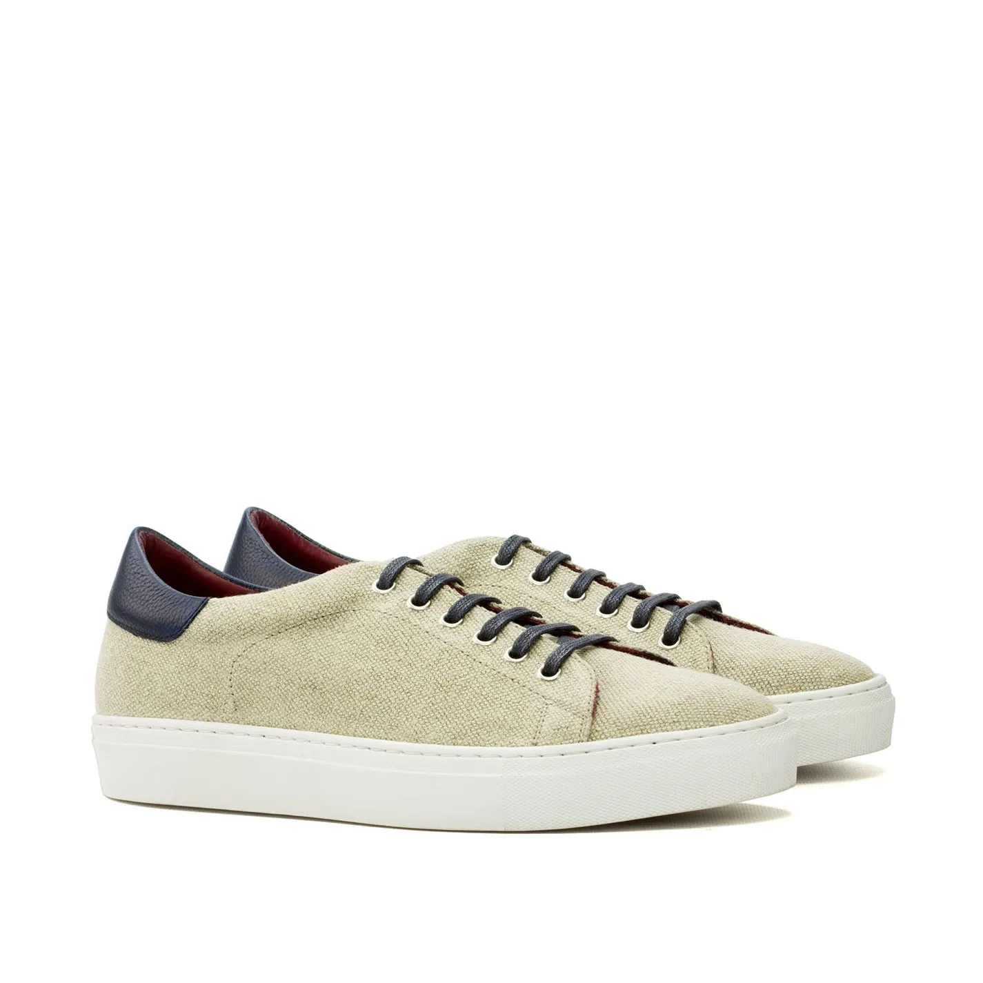 Ambrogio Bespoke Custom Men's Shoes Ice & Navy Linen / Full Grain Leather Trainers Sneakers (AMB2142)