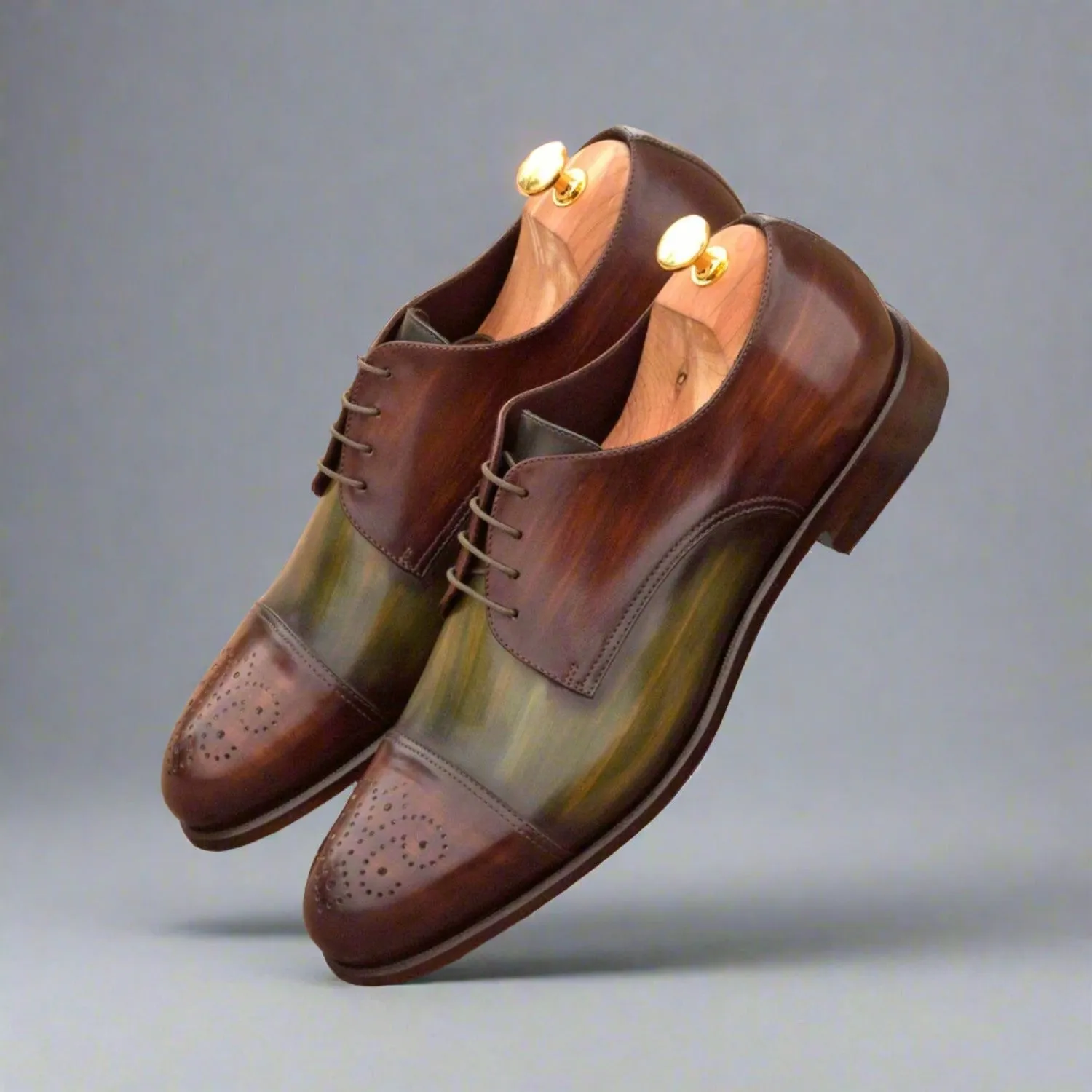 Ambrogio Bespoke Custom Men's Shoes Khaki & Brown Patina Leather Derby Oxfords (AMB1980)