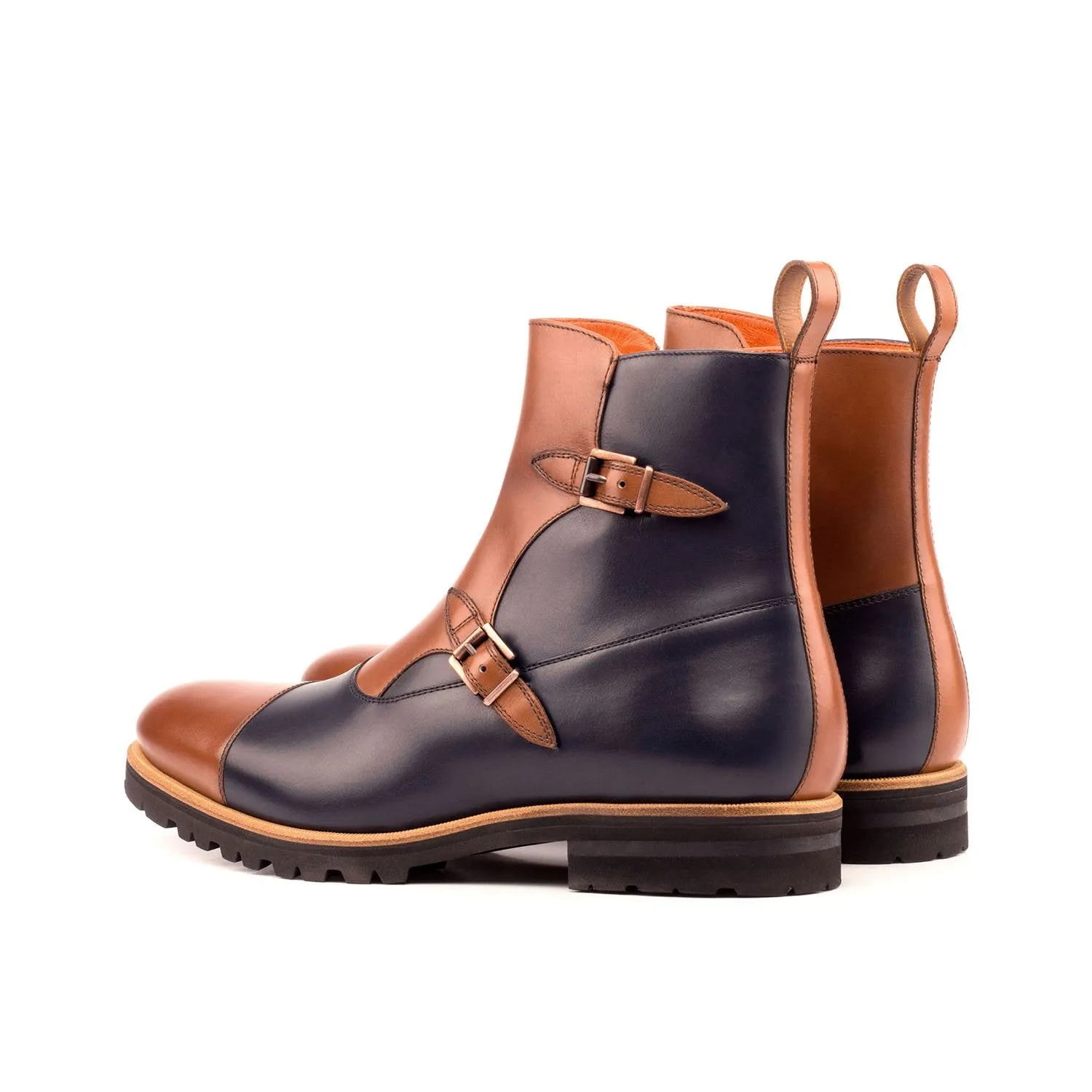 Ambrogio Bespoke Custom Men's Shoes Navy & Brown Calf-Skin Leather Buckle Boots (AMB1949)