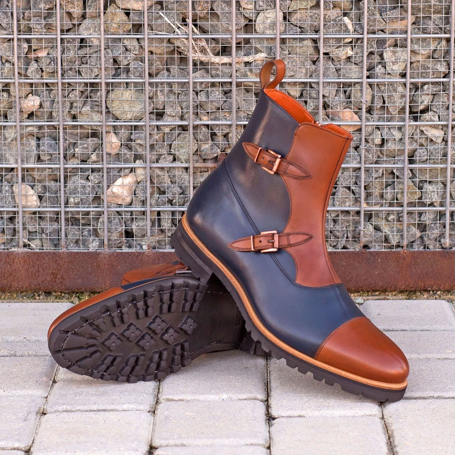 Ambrogio Bespoke Custom Men's Shoes Navy & Brown Calf-Skin Leather Buckle Boots (AMB1949)