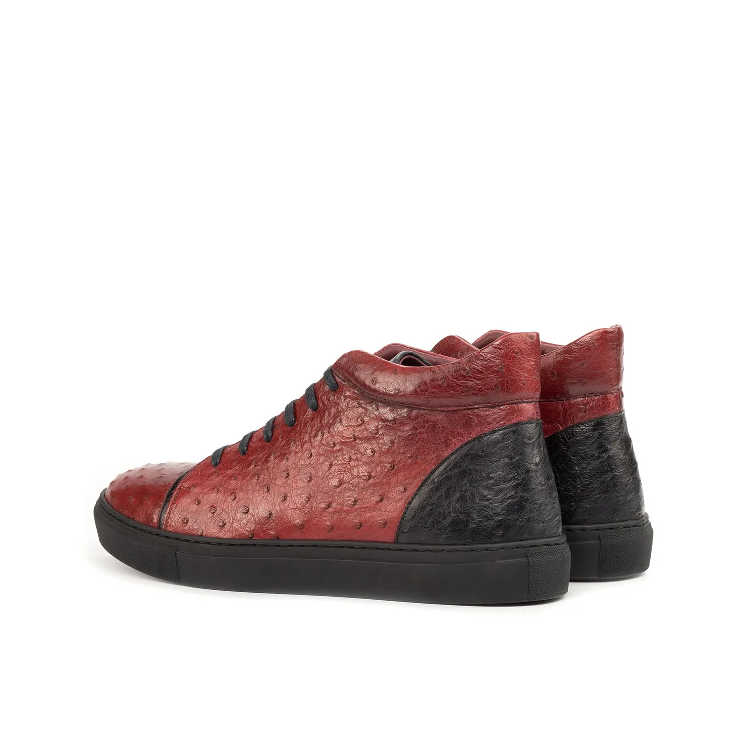 Ambrogio Bespoke Custom Men's Shoes Red & Black Exotic Ostrich High-Top Sneakers (AMB1866)