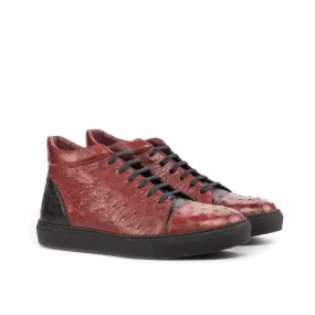 Ambrogio Bespoke Custom Men's Shoes Red & Black Exotic Ostrich High-Top Sneakers (AMB1866)