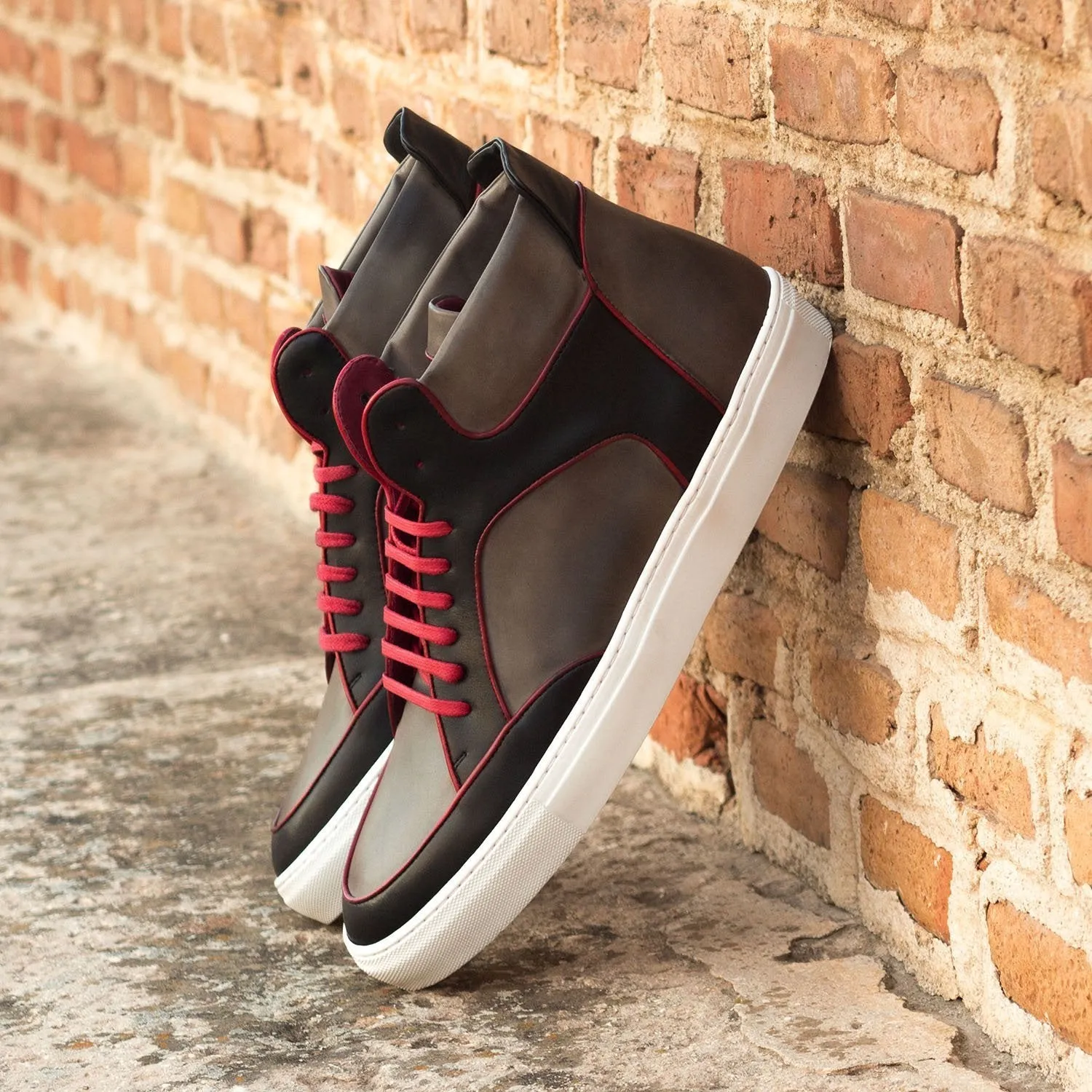 Ambrogio Bespoke Custom Men's Shoes Red, Black & Gray Calf-Skin Leather High-Top Sneakers (AMB1914)