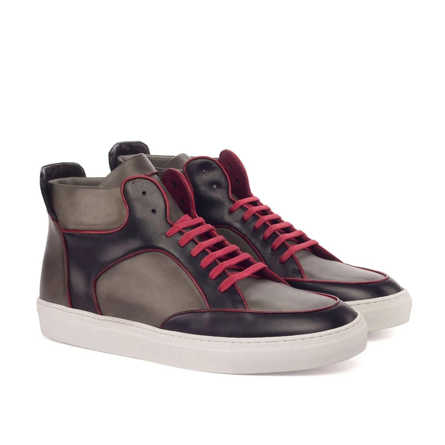 Ambrogio Bespoke Custom Men's Shoes Red, Black & Gray Calf-Skin Leather High-Top Sneakers (AMB1914)