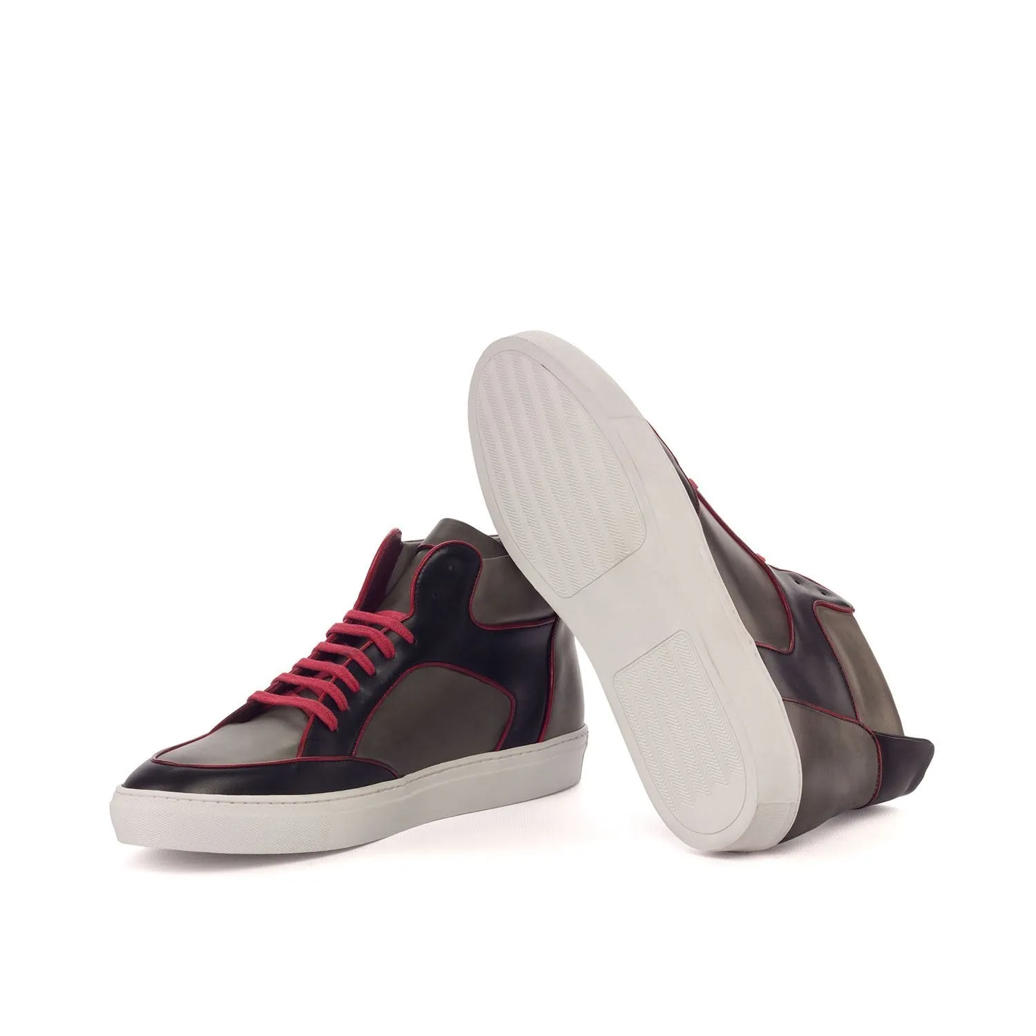 Ambrogio Bespoke Custom Men's Shoes Red, Black & Gray Calf-Skin Leather High-Top Sneakers (AMB1914)