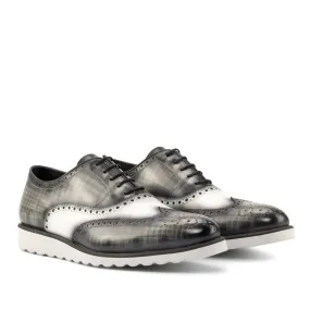 Ambrogio Bespoke Custom Men's Shoes White & Gray Patina / Calf-Skin Leather Full Brogue Oxfords (AMB2225)